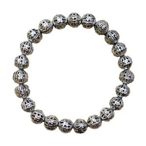 Elegant Silver Textured Beaded Stretch Bracelet